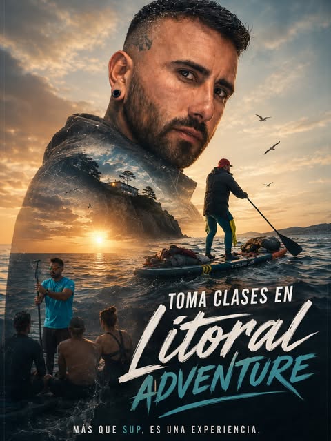 Afiche real de Litoral Adventure: instructor remando en SUP al atardecer en Algarrobo